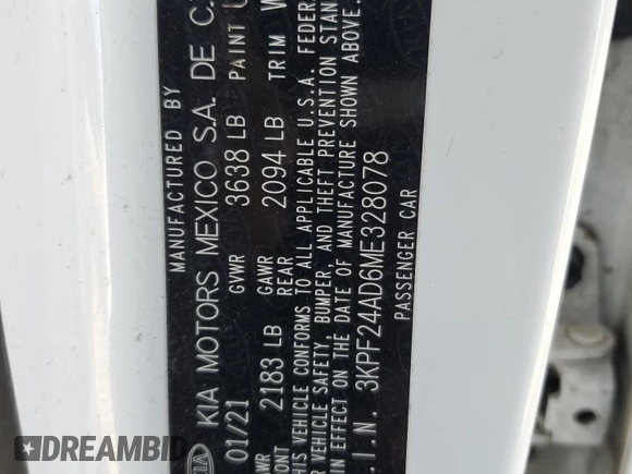 2021 Kia Forte FE with VIN 3KPF24AD6ME328078, listed as a Copart auction lot 47230145 with 83,997 mi miles and Salvage Title. Bid and sale history available at carsss.com. Image 15.
