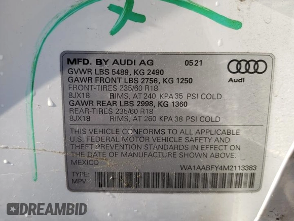 2021 Audi Q5 with VIN WA1AABFY4M2113383, listed as a Copart auction lot 49538844 with 19,462 mi miles and . Bid and sale history available at DreamBid. Image 14.