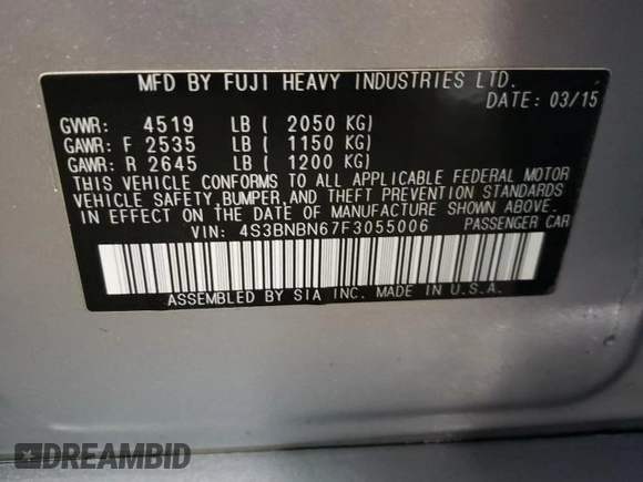 2015 Subaru Legacy 2.5i Limited with VIN 4S3BNBN67F3055006, listed as a Copart auction lot 69563402 with 96,668 mi miles. Bid and sale history available at carsss.com. Image 12.