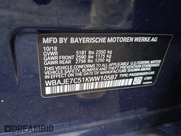 2019 BMW 5 Series 540i xDrive with VIN WBAJE7C51KWW10587, listed as a IAAI auction lot 41838935 with 85,655 mi miles and . Bid and sale history available at carsss.com. Image 9.