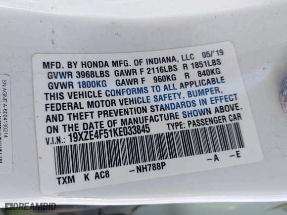 2019 Honda Insight EX with VIN 19XZE4F51KE033845, listed as a IAAI auction lot 41160819 with 88,954 mi miles. Bid and sale history available at carsss.com. Image 9.