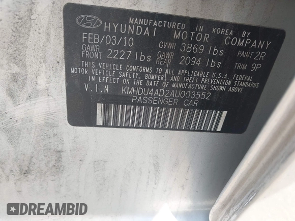 2010 Hyundai Elantra GLS with VIN KMHDU4AD2AU003552, listed as a IAAI auction lot 42325096 with 70,311 mi miles and . Bid and sale history available at DreamBid. Image 9.