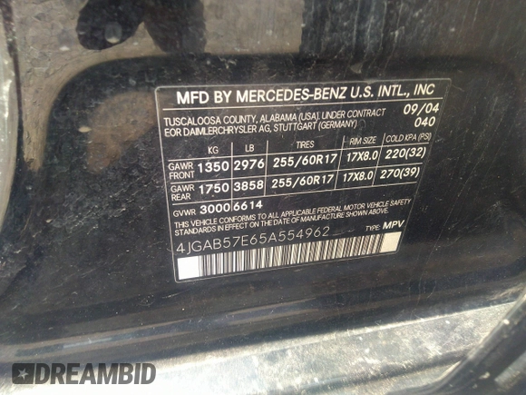 2005 Mercedes-Benz M 350 with VIN 4JGAB57E65A554962, listed as a IAAI auction lot 42120921 with 169,463 mi miles and . Bid and sale history available at DreamBid. Image 9.