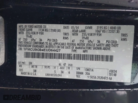 2014 Ford Escape SE z VIN 1FMCU9G94EUD64427, wystawiony jako IAAI lot #41965103 z przebiegiem 66 429 mil mil oraz . Historia ofert i sprzedaży dostępna na DreamBid. Obrazek 9.