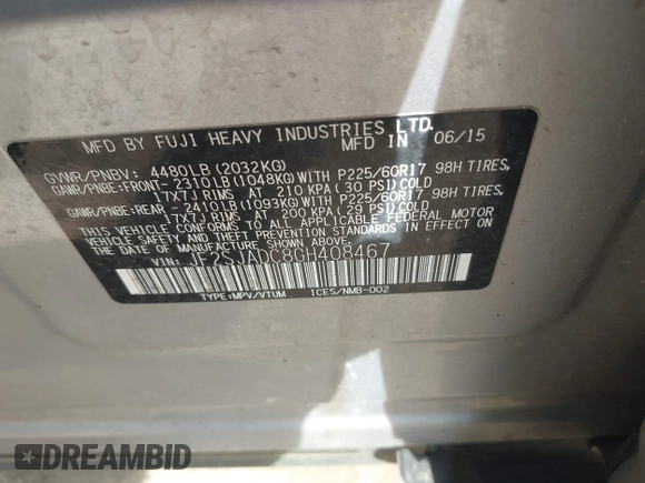 2016 Subaru Forester 2.5i Premium with VIN JF2SJADC8GH408467, listed as a IAAI auction lot 41910013 with 172,050 mi miles. Bid and sale history available at carsss.com. Image 9.