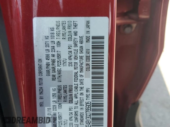 2016 Mazda CX-5 Sport with VIN JM3KE4BY3G0765905, listed as a Copart auction lot 61874165 with 134,546 mi miles and Salvage title. Bid and sale history available at DreamBid. Image 13.