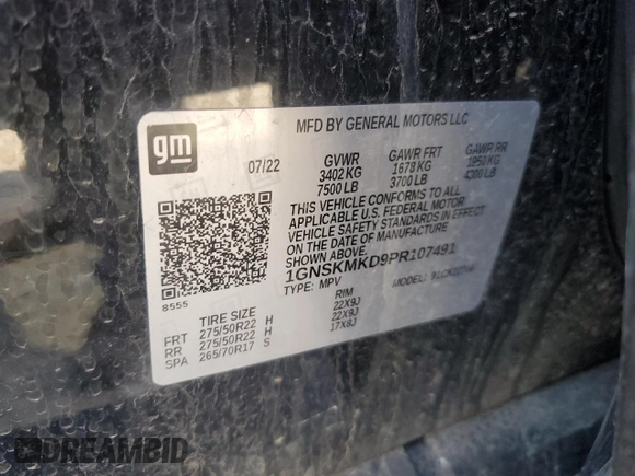 2023 Chevrolet Tahoe LS с VIN 1GNSKMKD9PR107491, выставлен на аукционе Copart как лот 51268465 с пробегом 52 053 миль миль и Списание • Salvage title. История ставок и продаж доступна на DreamBid. Изображение 14.