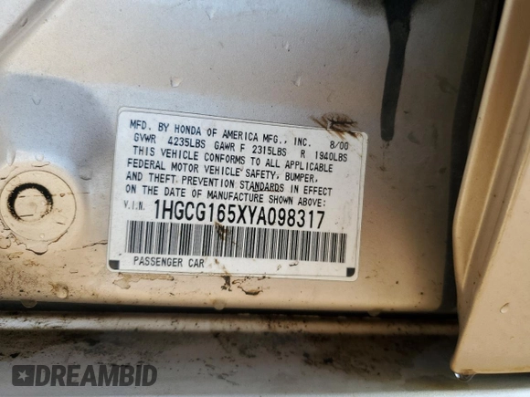 2000 Honda Accord EX z VIN 1HGCG165XYA098317, wystawiony jako Copart lot #57246705 z przebiegiem 242 166 mil mil oraz Szkoda całkowita • Salvage title. Historia ofert i sprzedaży dostępna na DreamBid. Obrazek 12.