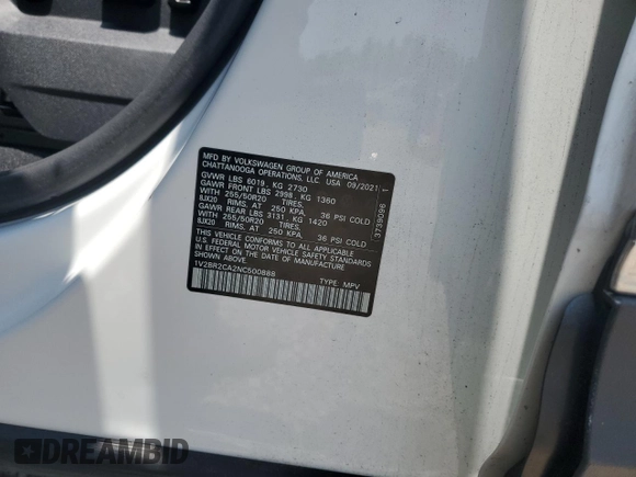 2022 Volkswagen Atlas SEL with VIN 1V2BR2CA2NC500888, listed as a Copart auction lot 56666805 with 66,223 mi miles and Clean title. Bid and sale history available at DreamBid. Image 13.