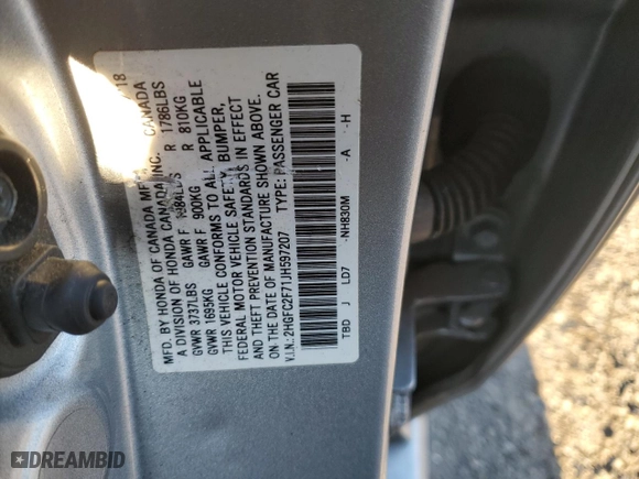 2018 Honda Civic Sedan EX with VIN 2HGFC2F71JH597207, listed as a Copart auction lot 45045595 with 109,044 mi miles and Salvage Title. Bid and sale history available at carsss.com. Image 12.