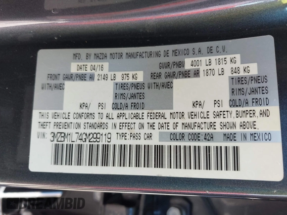 2016 Mazda 3 i Touring with VIN 3MZBM1L74GM299119, listed as a IAAI auction lot 40717069 with 63,083 mi miles and . Bid and sale history available at DreamBid. Image 9.