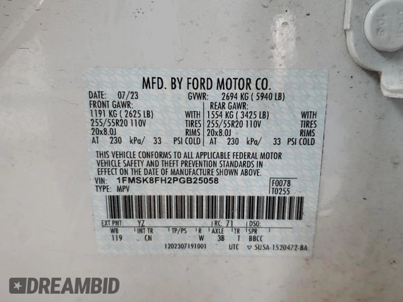 2023 Ford Explorer Limited with VIN 1FMSK8FH2PGB25058, listed as a Copart auction lot 49212935 with 44,051 mi miles and Salvage Title. Bid and sale history available at carsss.com. Image 14.