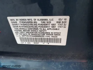 2010 Honda Ridgeline RT with VIN 5FPYK1F24AB009225, listed as a IAAI auction lot 40822938 with 273,986 mi miles. Bid and sale history available at carsss.com. Image 9.