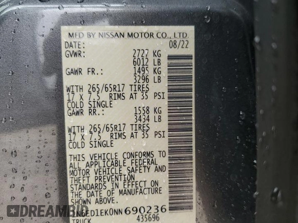 2022 Nissan Frontier S with VIN 1N6ED1EK0NN690236, listed as a Copart auction lot 44001225 with 44,829 mi miles and Salvage title. Bid and sale history available at DreamBid. Image 13.