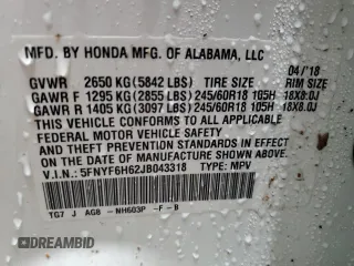 2018 Honda Pilot EX-L with VIN 5FNYF6H62JB043318, listed as a Copart auction lot 57853335 with 57,354 mi miles and Salvage title. Bid and sale history available at DreamBid. Image 14.