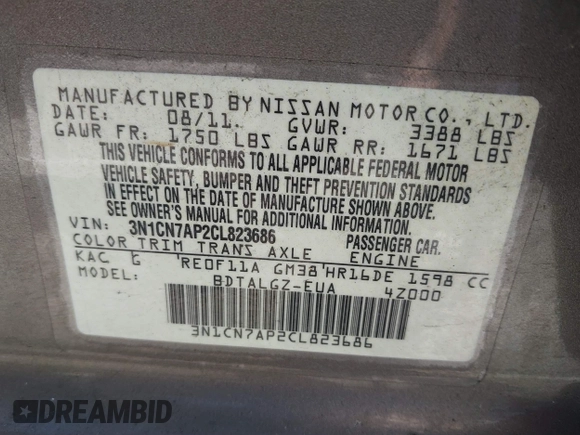 2012 Nissan Versa SL with VIN 3N1CN7AP2CL823686, listed as a IAAI auction lot 42184560 with 123,076 mi miles and . Bid and sale history available at DreamBid. Image 9.