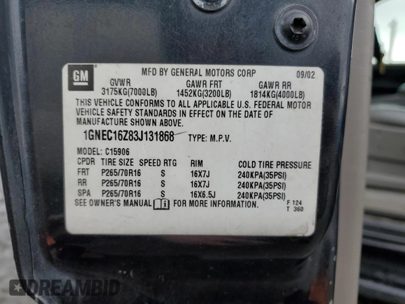 2003 Chevrolet Suburban LT with VIN 1GNEC16Z83J131868, listed as a Copart auction lot 42106895 with 0 mi miles and Salvage Title. Bid and sale history available at carsss.com. Image 13.