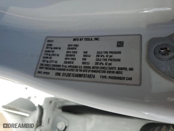2021 Tesla Model 3 Standard Range Plus with VIN 5YJ3E1EA8MF074974, listed as a Copart auction lot 49626135 with 60,778 mi miles and Salvage Title. Bid and sale history available at carsss.com. Image 16.