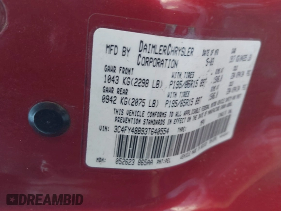 2003 Chrysler PT Cruiser with VIN 3C4FY48B93T640554, listed as a IAAI auction lot 41389939 with 147,439 mi miles. Bid and sale history available at carsss.com. Image 9.