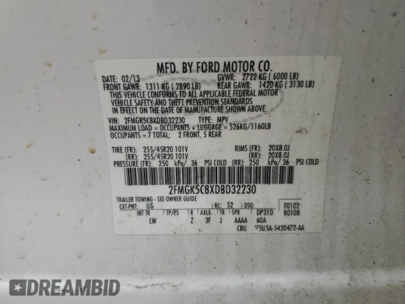2013 Ford Flex SEL with VIN 2FMGK5C8XDBD32230, listed as a Copart auction lot 44051775 with 155,781 mi miles and Salvage Title. Bid and sale history available at carsss.com. Image 14.