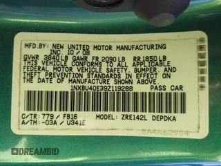 2009 Toyota Corolla with VIN 1NXBU40E39Z119288, listed as a IAAI auction lot 40477607 with 76,584 mi miles. Bid and sale history available at carsss.com. Image 9.