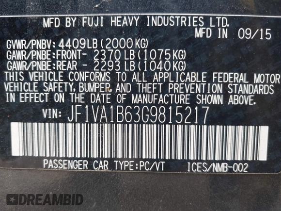 2016 Subaru WRX with VIN JF1VA1B63G9815217, listed as a IAAI auction lot 42192647 with 125,902 mi miles and . Bid and sale history available at DreamBid. Image 9.