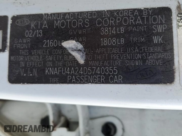 2013 Kia Forte EX with VIN KNAFU4A24D5740355, listed as a Copart auction lot 72381694 with 179,555 mi miles and Salvage Title. Bid and sale history available at carsss.com. Image 12.