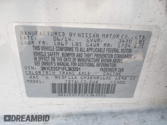 2015 Nissan Note SV with VIN 3N1CE2CP1FL363201, listed as a IAAI auction lot 42129054 with 95,978 mi miles and . Bid and sale history available at DreamBid. Image 9.