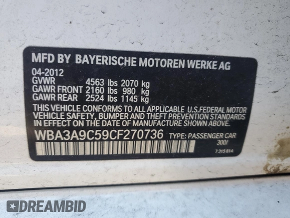 2012 BMW 3 Series 335i with VIN WBA3A9C59CF270736, listed as a Copart auction lot 87223824 with 124,700 mi miles and Salvage title. Bid and sale history available at DreamBid. Image 12.