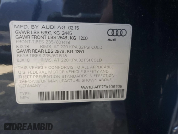 2015 Audi Q5 Premium Plus with VIN WA1LFAFP7FA109705, listed as a Copart auction lot 61877535 with 77,939 mi miles and Salvage title. Bid and sale history available at DreamBid. Image 14.