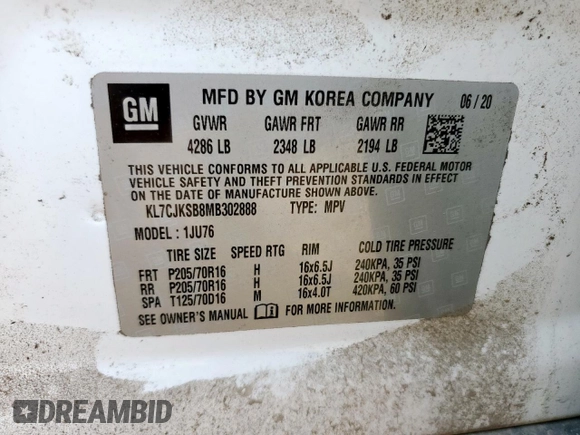 2021 Chevrolet Trax LS with VIN KL7CJKSB8MB302888, listed as a Copart auction lot 58416215 with 43,794 mi miles and Salvage title. Bid and sale history available at DreamBid. Image 12.