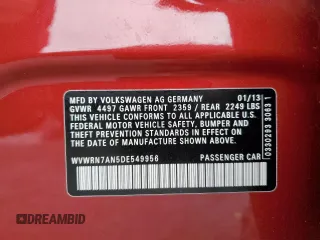 2013 Volkswagen CC Lux z VIN WVWRN7AN5DE549956, wystawiony jako Copart lot #46212215 z przebiegiem 86 892 mil mil oraz Szkoda całkowita • Salvage title. Historia ofert i sprzedaży dostępna na DreamBid. Obrazek 14.