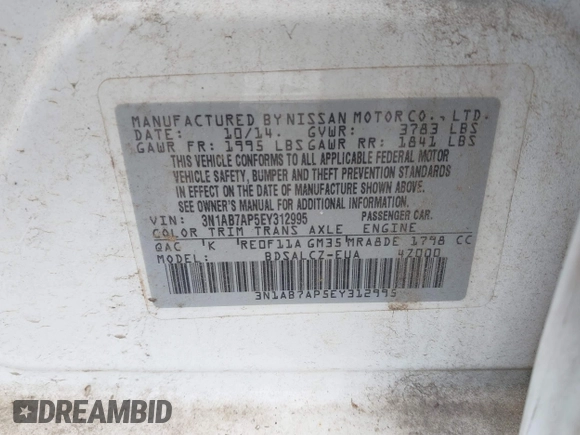2014 Nissan Sentra S with VIN 3N1AB7AP5EY312995, listed as a IAAI auction lot 41842987 with Not Provided miles and . Bid and sale history available at DreamBid. Image 9.