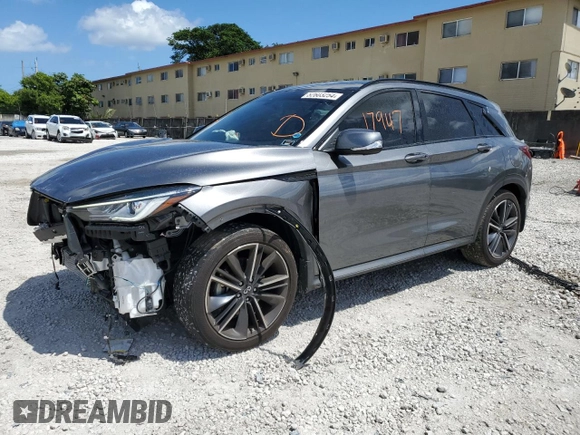 2023 Infiniti QX50 Sport with VIN 3PCAJ5FB0PF105592, listed as a Copart auction lot 52603254 with 17,947 mi miles and . Bid and sale history available at DreamBid. Image 1.