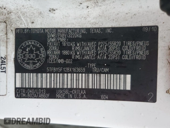 2011 Toyota Tundra 4WD Truck LTD with VIN 5TFBY5F12BX163659, listed as a Copart auction lot 87065074 with 262,150 mi miles and Salvage Title. Bid and sale history available at carsss.com. Image 14.