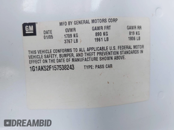 2005 Chevrolet Cobalt with VIN 1G1AK52F157538243, listed as a IAAI auction lot 41885760 with 201,166 mi miles and . Bid and sale history available at DreamBid. Image 9.