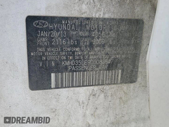 2013 Hyundai Elantra with VIN KMHD35LE9DU083547, listed as a Copart auction lot 59883945 with 258,085 mi miles and Clean title. Bid and sale history available at DreamBid. Image 12.