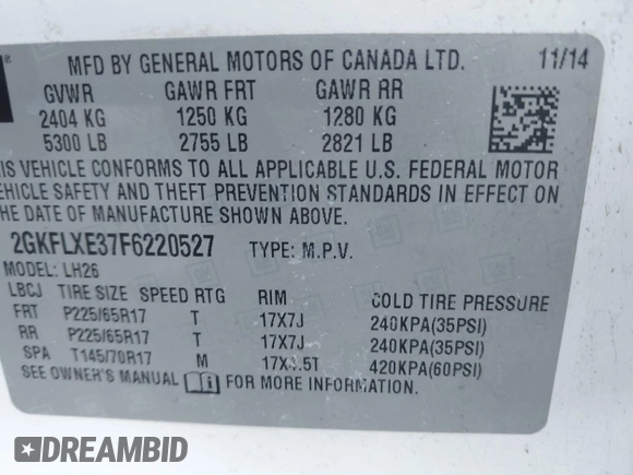 2015 GMC Terrain SLT with VIN 2GKFLXE37F6220527, listed as a IAAI auction lot 41812632 with 216,482 mi miles and . Bid and sale history available at carsss.com. Image 9.