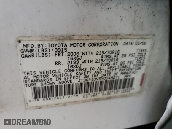 2000 Toyota RAV4 z VIN JT3GP10V5Y0049271, wystawiony jako Copart lot #56158045 z przebiegiem 188 900 mil mil oraz Czysty tytuł • Clean title. Historia ofert i sprzedaży dostępna na DreamBid. Obrazek 13.