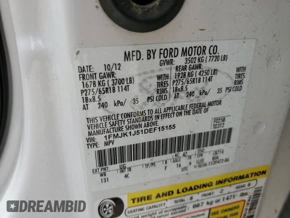 2013 Ford Expedition Max XLT with VIN 1FMJK1J51DEF15155, listed as a Copart auction lot 52857115 with 137,376 mi miles and Clean title. Bid and sale history available at DreamBid. Image 13.