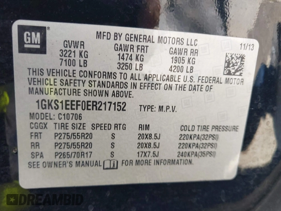 2014 GMC Yukon Denali z VIN 1GKS1EEF0ER217152, wystawiony jako IAAI lot #42269157 z przebiegiem 196 023 mil mil oraz . Historia ofert i sprzedaży dostępna na DreamBid. Obrazek 9.