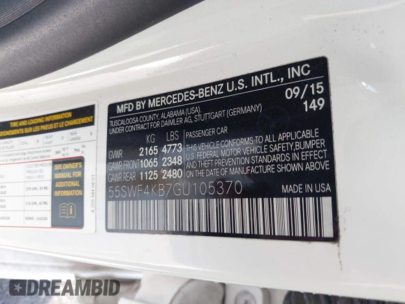 2016 Mercedes-Benz C 300 Luxury with VIN 55SWF4KB7GU105370, listed as a IAAI auction lot 41870329 with 94,466 mi miles and . Bid and sale history available at DreamBid. Image 9.