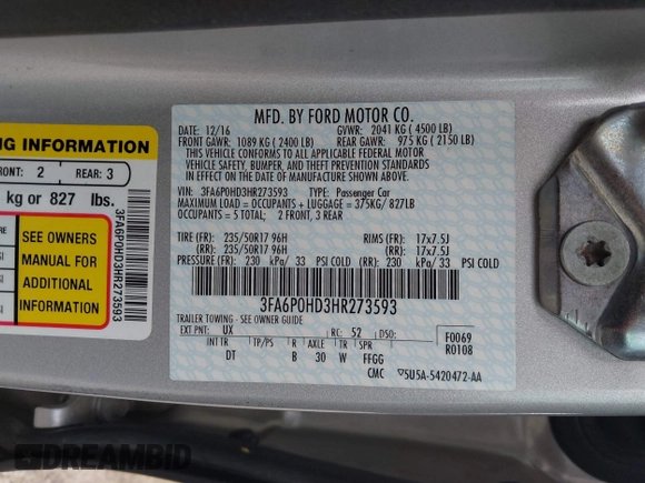 2017 Ford Fusion SE with VIN 3FA6P0HD3HR273593, listed as a IAAI auction lot 42136079 with 101,545 mi miles and . Bid and sale history available at DreamBid. Image 9.