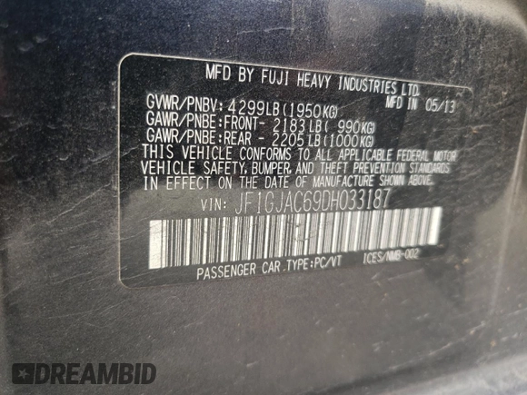 2013 Subaru Impreza Premium z VIN JF1GJAC69DH033187, wystawiony jako Copart lot #54359005 z przebiegiem 204 319 mil mil oraz Szkoda całkowita • Salvage title. Historia ofert i sprzedaży dostępna na DreamBid. Obrazek 12.