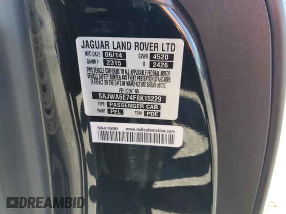 2015 Jaguar F-Type V6 with VIN SAJWA6E74F8K15229, listed as a Copart auction lot 73109184 with 62,245 mi miles and Salvage Title. Bid and sale history available at DreamBid. Image 12.