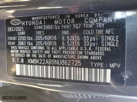 2022 Hyundai Kona SE with VIN KM8K22AB9NU862725, listed as a Copart auction lot 73019444 with 0 mi miles and Salvage Title. Bid and sale history available at carsss.com. Image 12.