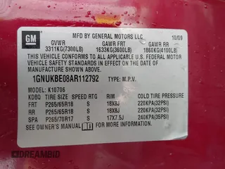 2010 Chevrolet Tahoe LT z VIN 1GNUKBE08AR112792, wystawiony jako IAAI lot #41790474 z przebiegiem 231 742 mil mil oraz . Historia ofert i sprzedaży dostępna na DreamBid. Obrazek 9.