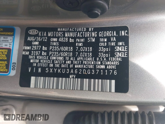 2013 Kia Sorento EX с VIN 5XYKU3A62DG371176, выставлен на аукционе IAAI как лот 42469423 с пробегом 199 505 миль миль и . История ставок и продаж доступна на DreamBid. Изображение 9.