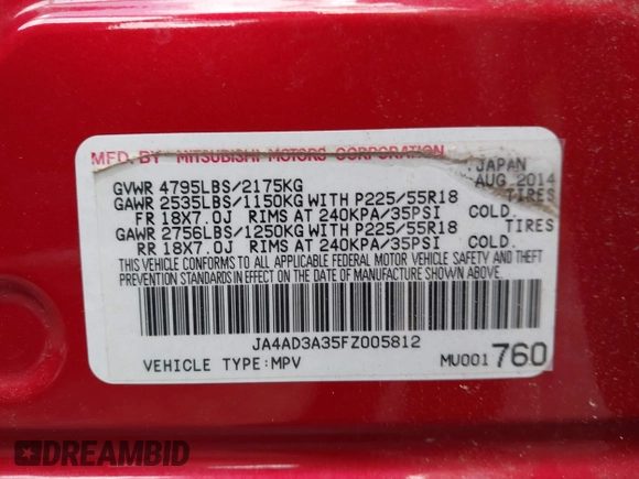 2015 Mitsubishi Outlander SE with VIN JA4AD3A35FZ005812, listed as a IAAI auction lot 42302752 with 165,483 mi miles and . Bid and sale history available at DreamBid. Image 9.