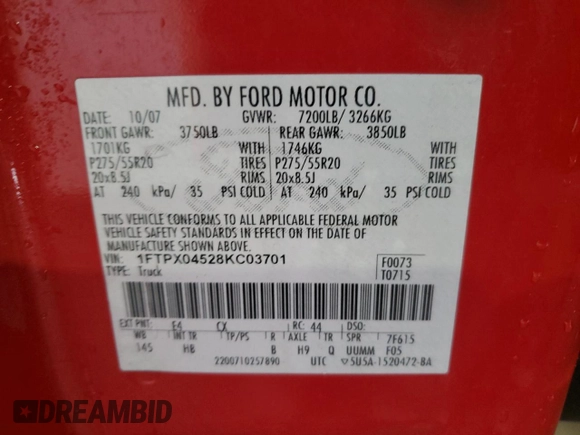 2008 Ford F-150 XLT with VIN 1FTPX04528KC03701, listed as a Copart auction lot 86732584 with 152,967 mi miles and Salvage title. Bid and sale history available at DreamBid. Image 12.